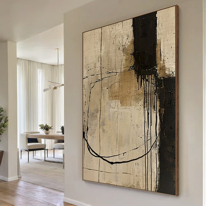 Wabi Sabi Beige Black Tactile Canvas Art with Paint Drip Details Irregular Lines Rustic Texture AURA586