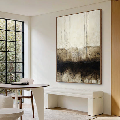 Wabi Sabi Beige Black Abstract Art with Dripped Paint Scratch Marks Tactile Texture Vertical Lines AURA590