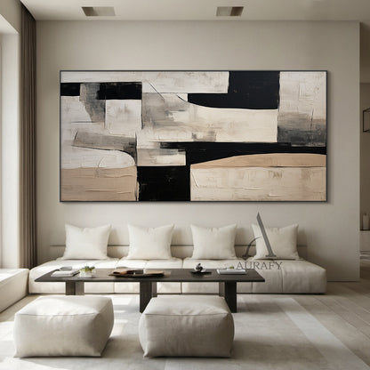 General Abstract Black Beige White Impasto Textured Tactile Surface Minimalist Luxe Artwork AURA484