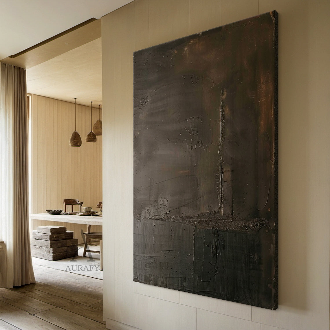 Deep Brown Tonal Abstract Wall Art with Rough Intersecting Lines - AURA829