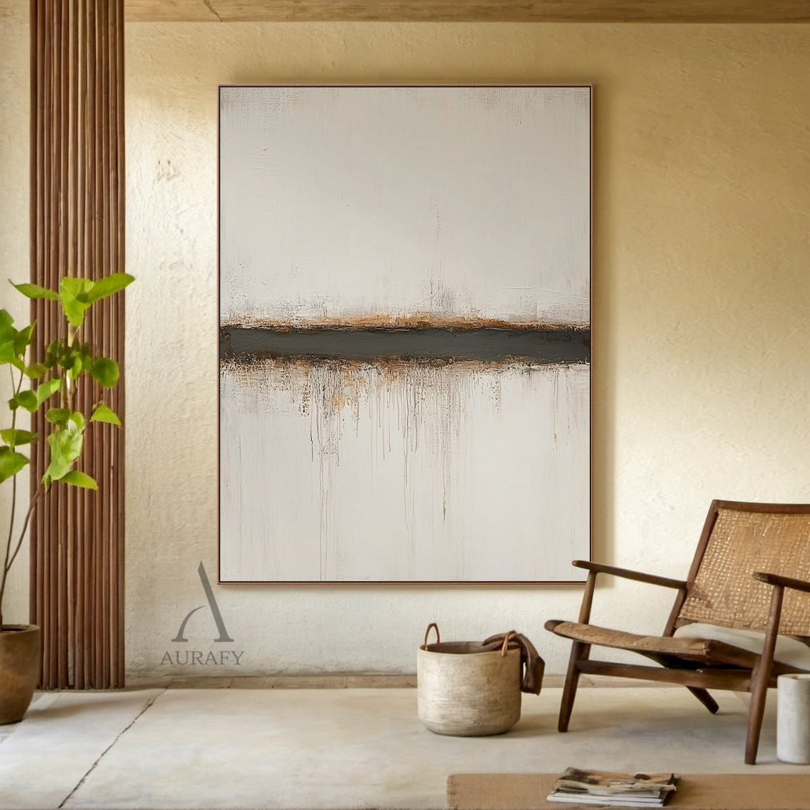 Wabi Sabi Yellow & Brown Textured Abstract Landscape | Japandi Earth-Tone Canvas Wall Art | AURA802