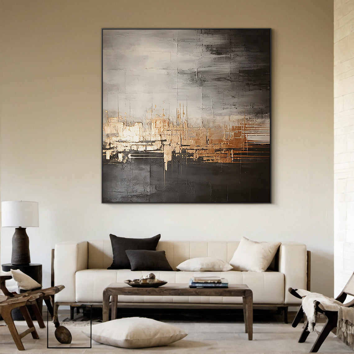 Metallic Drip Abstract Painting – Charcoal, Silver & Gold Tones – AURA030(Square)