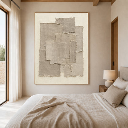 Beige 3D Textured Wall Art Japandi Frayed Linen Collage Tactile Modern Organic Minimalist Decor AURA758