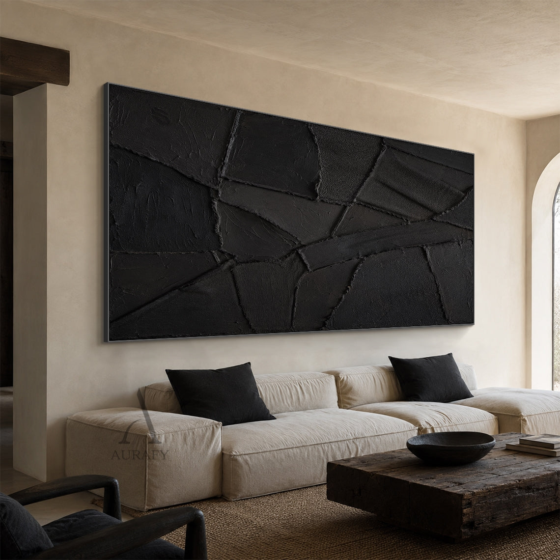 Black Relief, Monochrome Geometric 3D Textured Painting AURA859