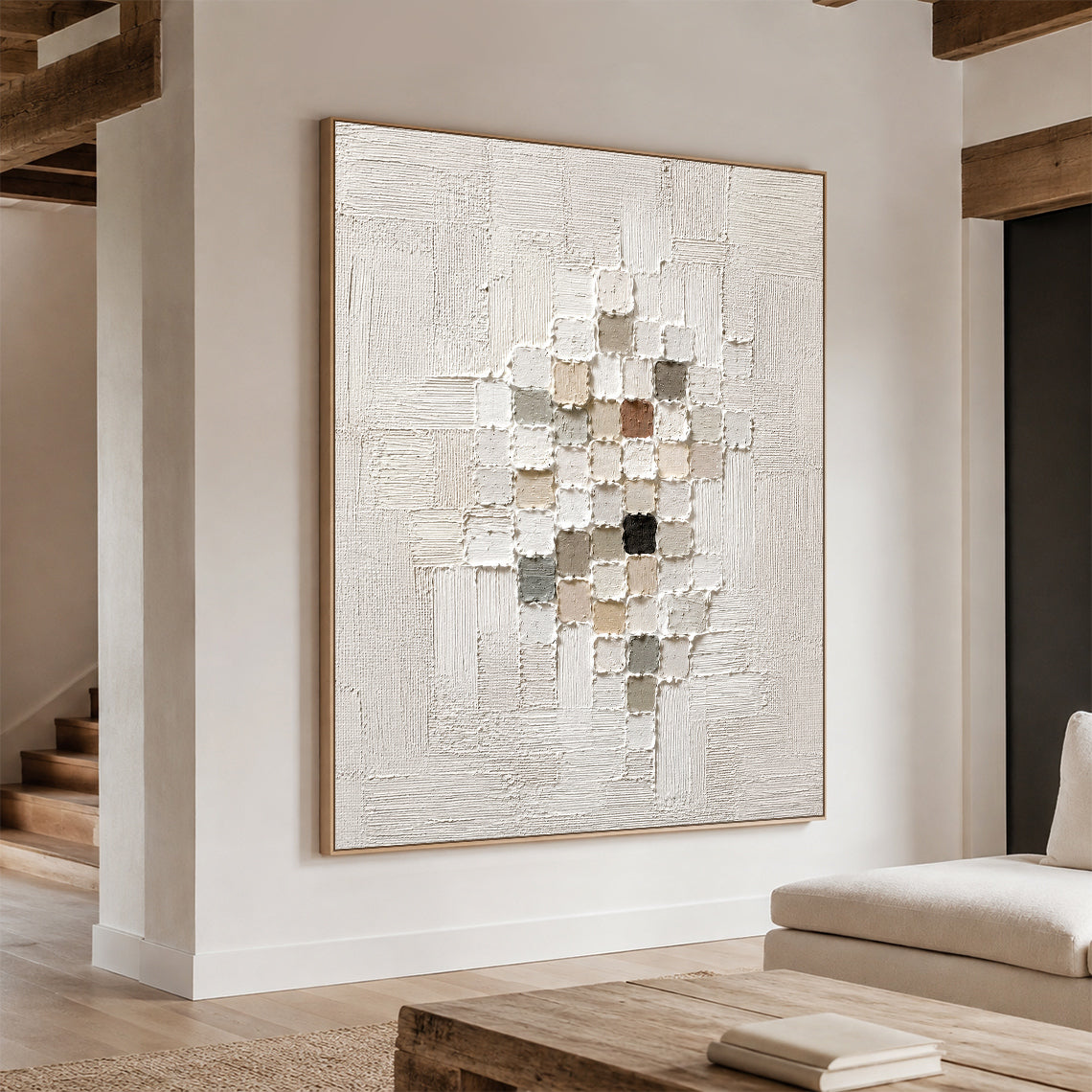 3D Textured White Plaster Painting Wabi-Sabi Japandi High Relief Mosaic Tactile Minimalist Luxe Wall Art AURA768