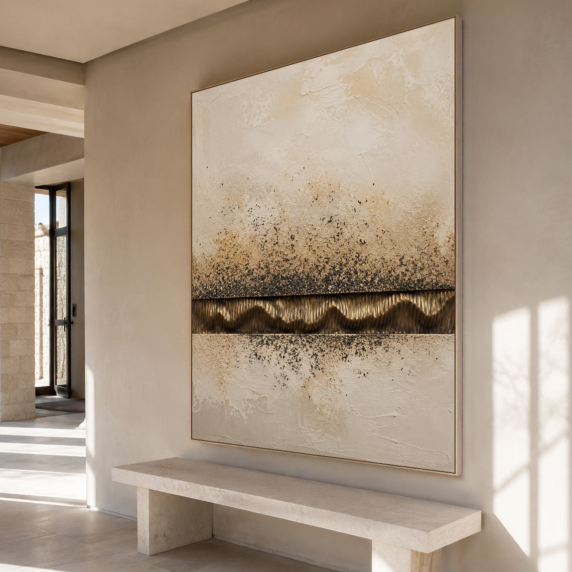 Wabi-Sabi Plaster Textured Painting Japandi Neutral Beige Brown Abstract Sculpted Canvas Gold Accent Tactile Wall Art AURA765