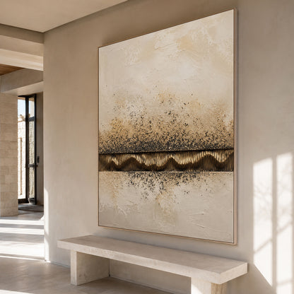 Wabi-Sabi Plaster Textured Painting Japandi Neutral Beige Brown Abstract Sculpted Canvas Gold Accent Tactile Wall Art AURA765
