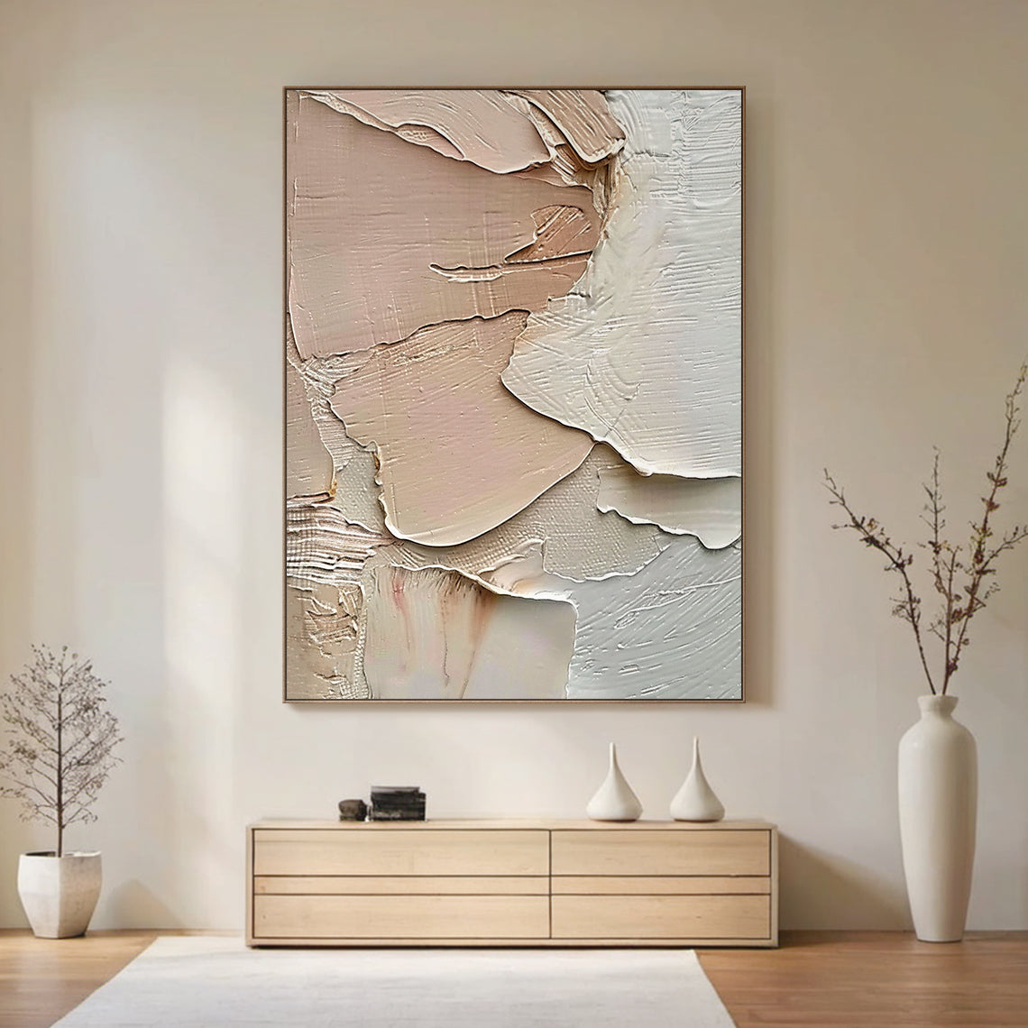 Layered Impasto Canvas – Blush & Cream Tones – AURA008(Vertical)