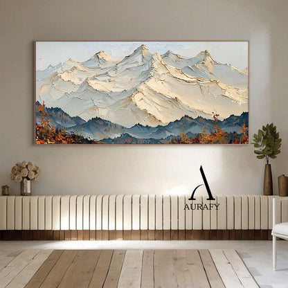 3D Textured Mountain Landscape Thick Impasto Knife Strokes Beige Blue Sculpted Tactile Canvas AURA514