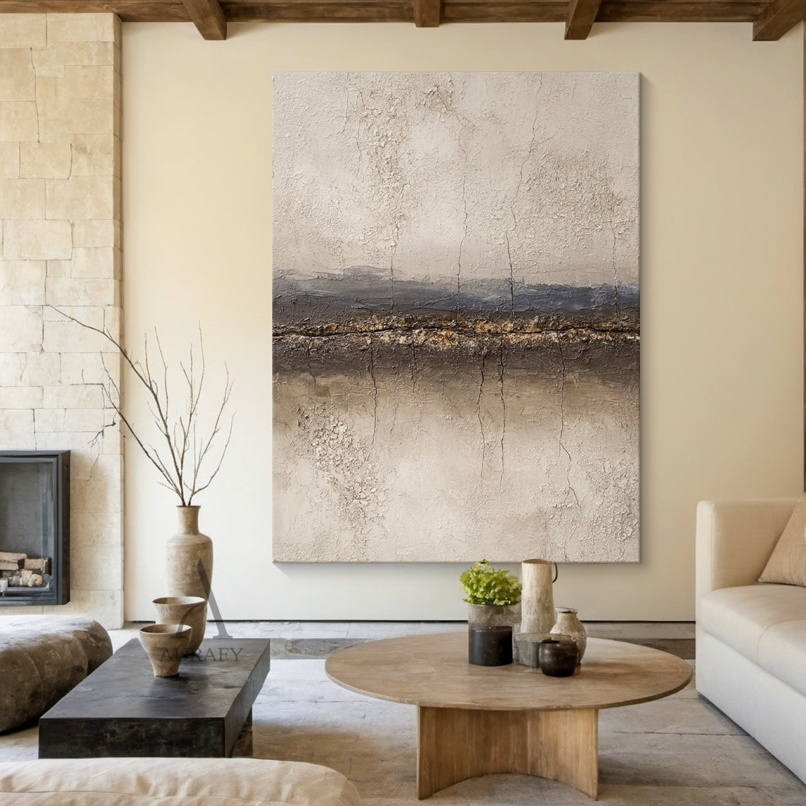 Wabi Sabi Beige Brown Crackled Plaster Artwork Tactile Weathered Mottled Rustic Finish AURA434