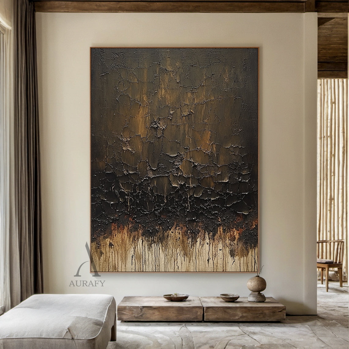Brown Abstract Painting with Cracked Layers and Trailing Marks - AURA848