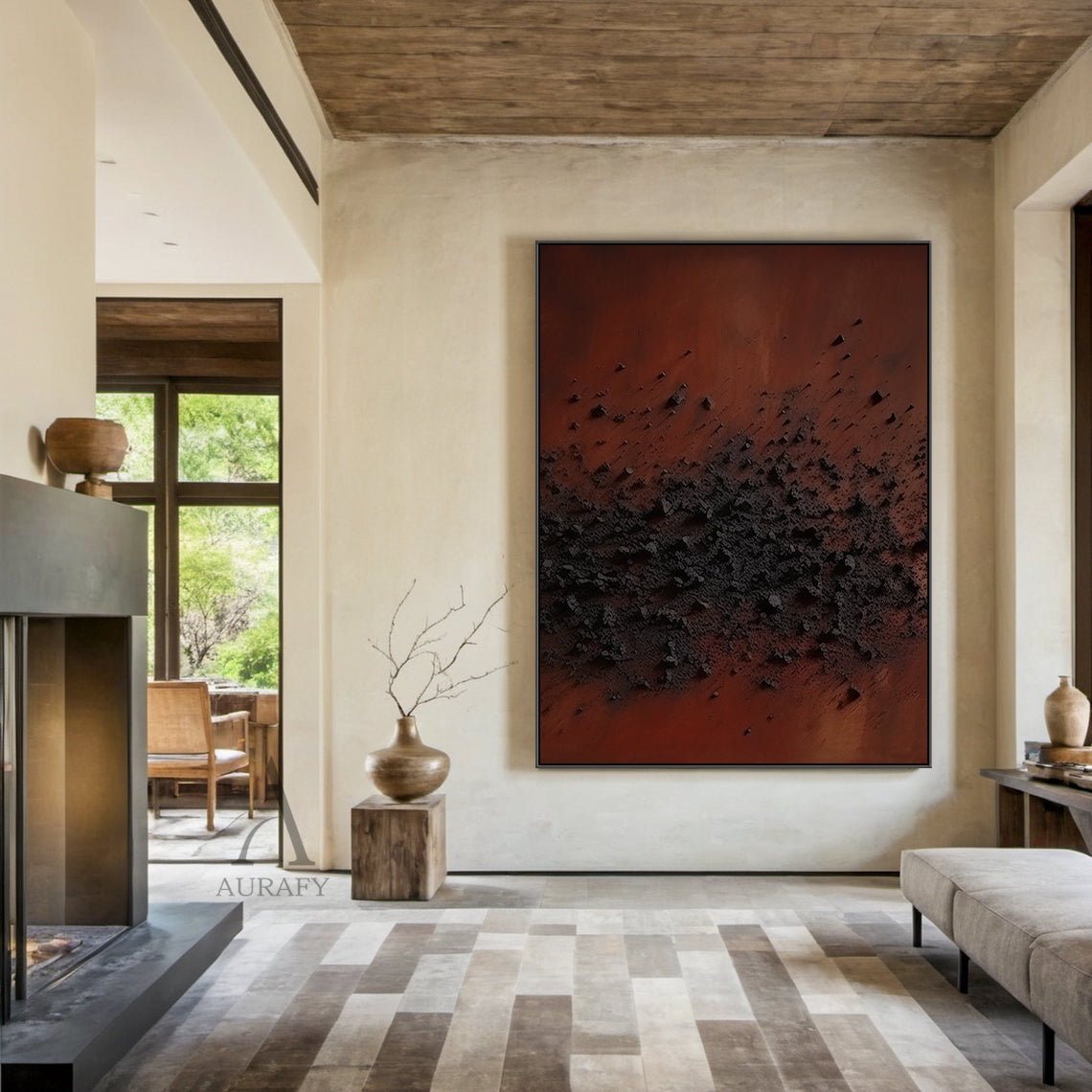 High Relief Terracotta Black Abstract Sculpted Canvas Tactile Minimalist Japandi Modern Home Wall Decor AURA790