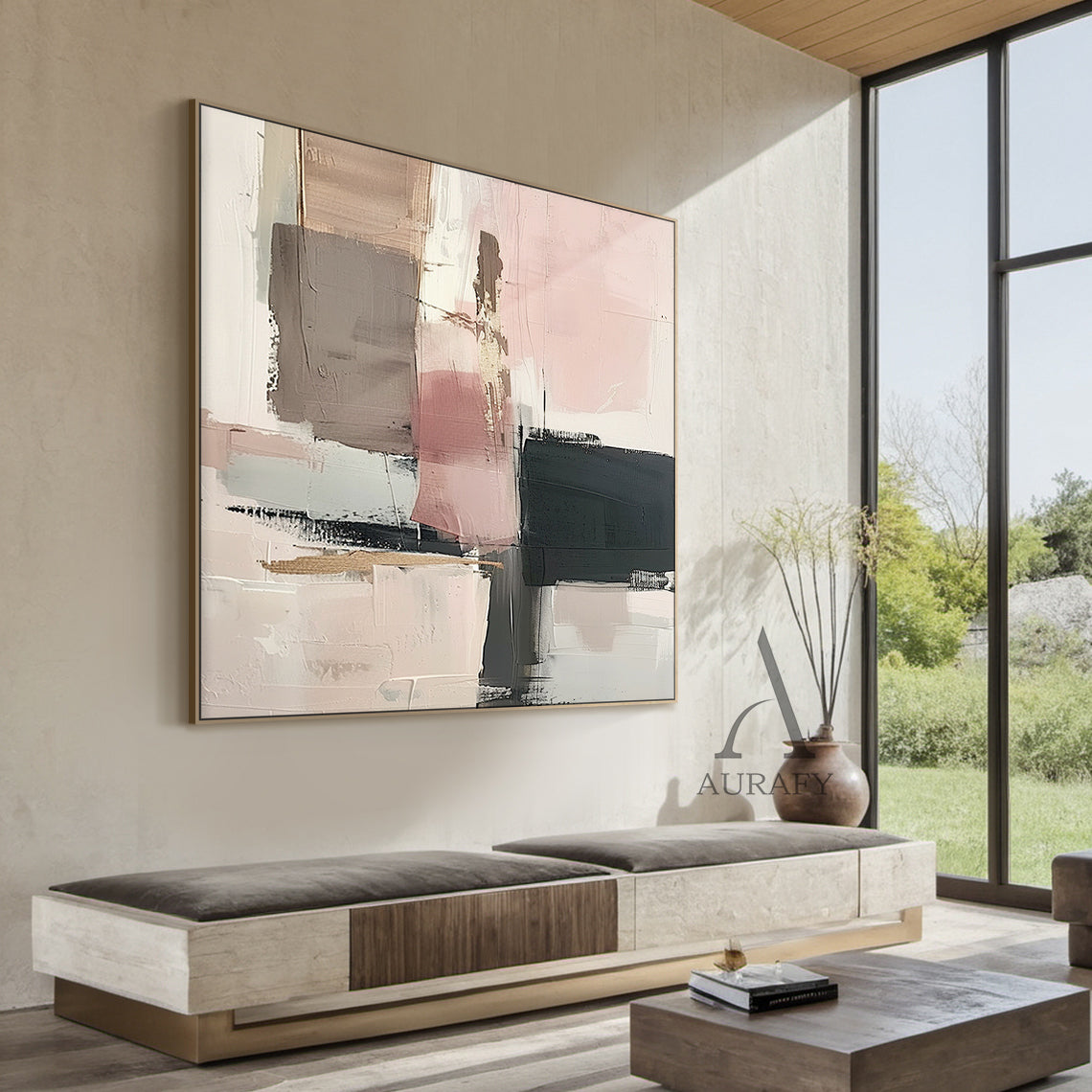 General Abstract Art Impasto Knife Strokes Pink Black Beige Tactile Luxe Modern Canvas AURA495