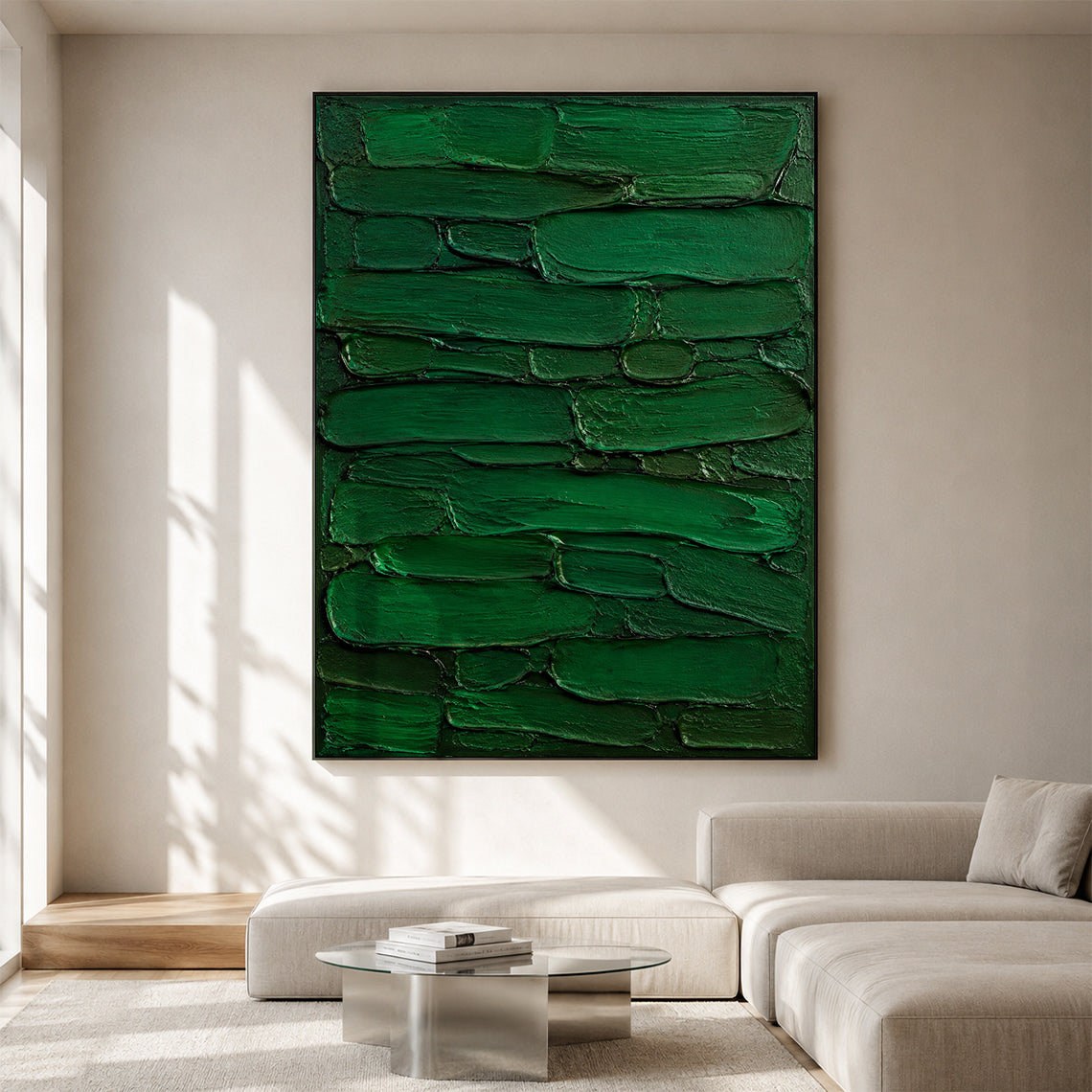 Green 3D Textured Painting Plaster Impasto Knife Stroke Wabi-Sabi Sculpted Canvas Minimalist Luxe Wall Art AURA762