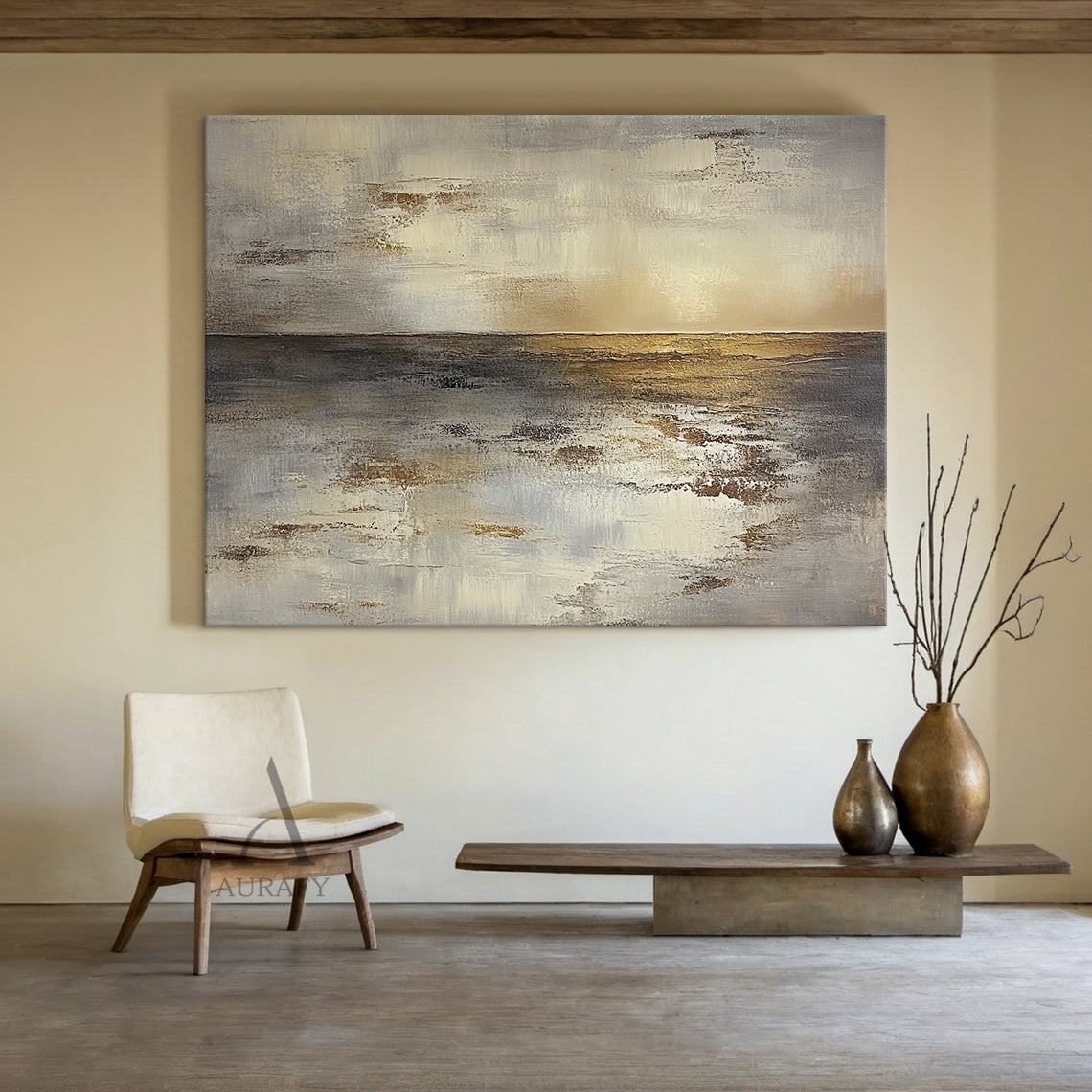 Beige and Brown Atmospheric Abstract Painting with Rippling Light - AURA827