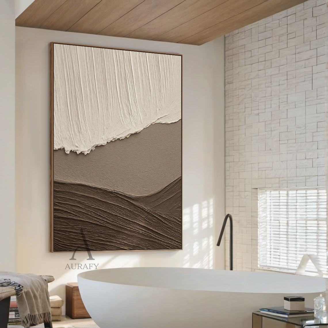Beige Brown Landscape Art Thick Textured Canvas with Vertical Strokes Wavy Folds Modern Organic Minimalist Luxe AURA469