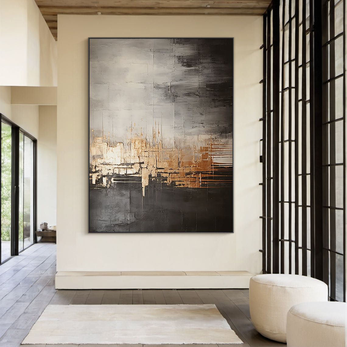 Metallic Drip Abstract Painting – Charcoal, Silver & Gold Tones – AURA030(Square)