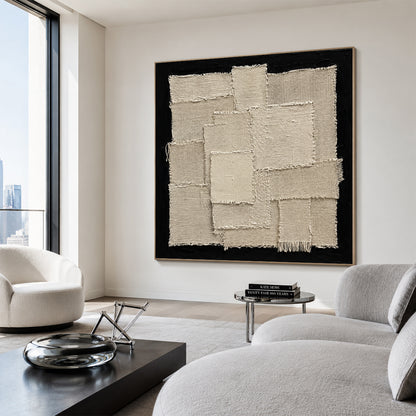 Wabi-Sabi Japandi 3D Textured Black Beige Sculpted Canvas Plaster Tactile Fringe Minimalist Abstract Painting AURA759