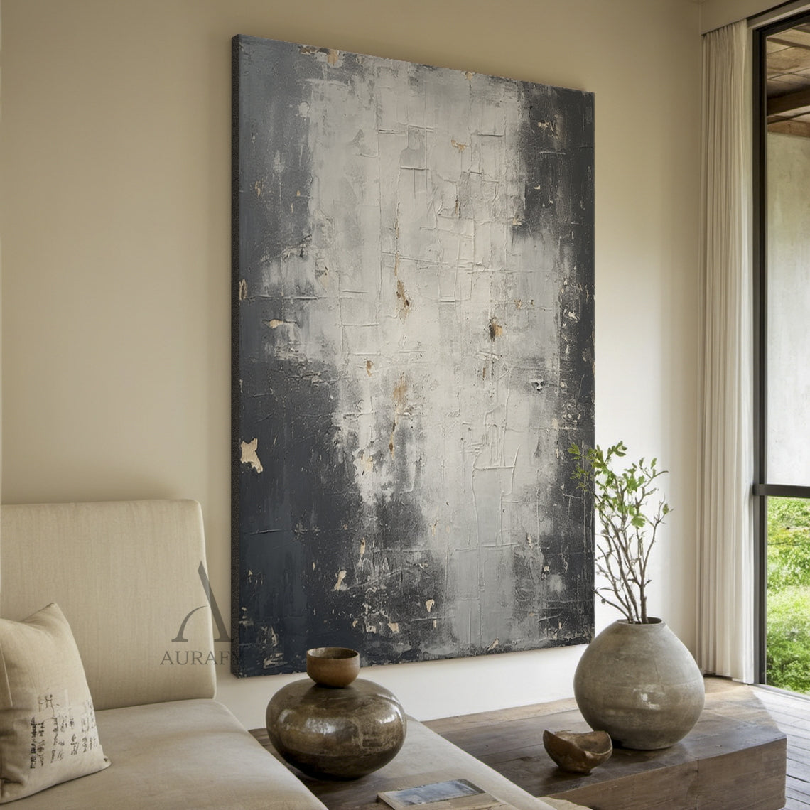 Black, Grey & Off-White Weathered Abstract Wall Art - AURA820
