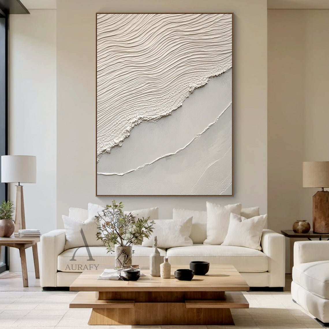 Beige Sea Abstract Impasto Sculpted Tactile Wall Art Modern Minimalist Luxe Canvas AURA442