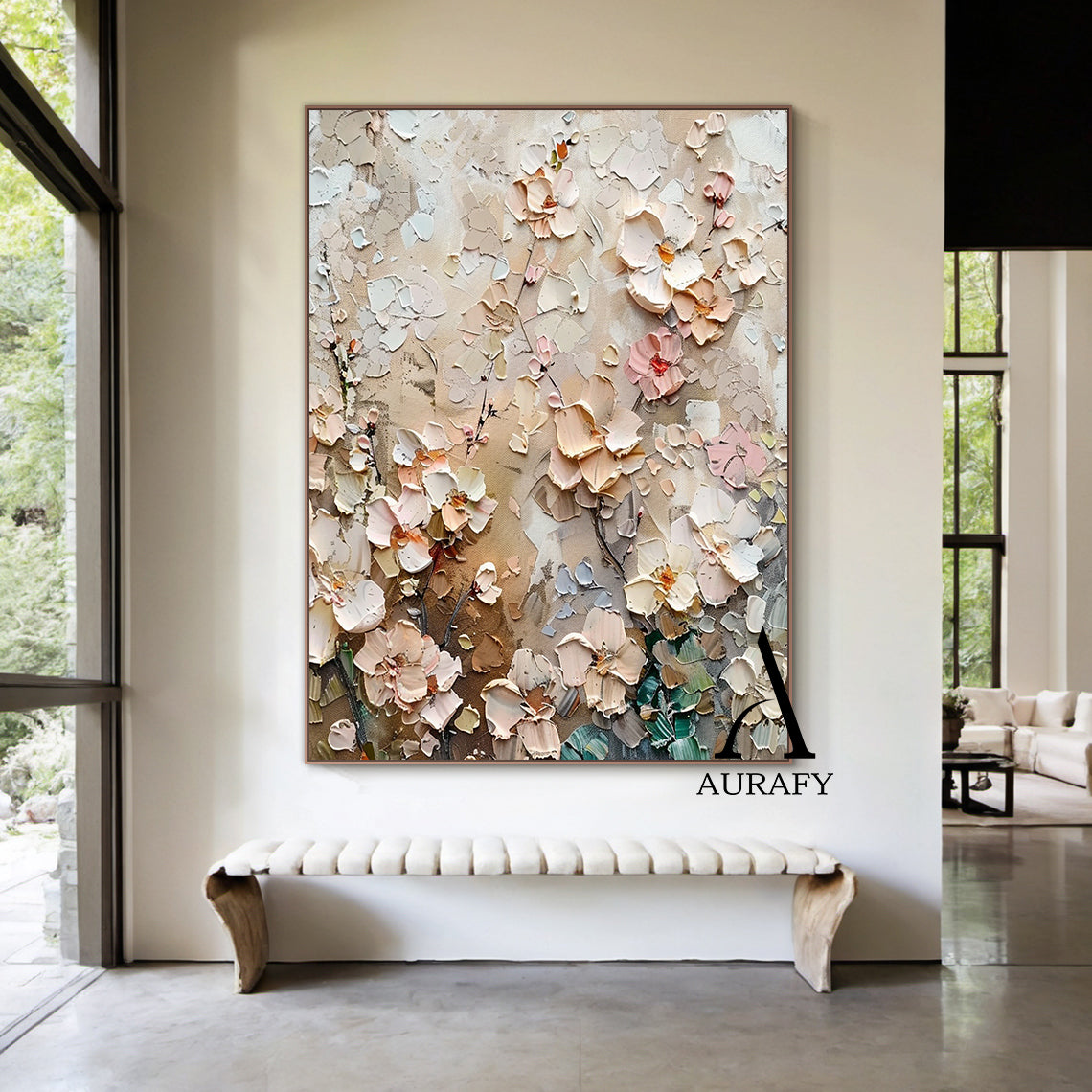 3D Textured Flower Painting High-Relief Tactile Beige Tone Knife Strokes Modern Organic Art AURA572