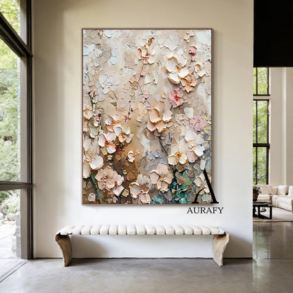 3D Textured Flower Painting High-Relief Tactile Beige Tone Knife Strokes Modern Organic Art AURA572