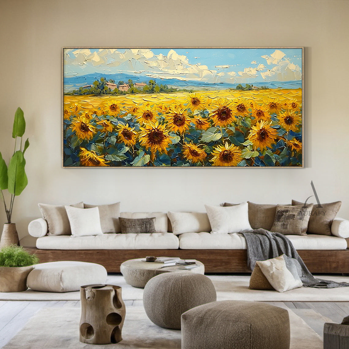 Yellow Sunflower Landscape Impasto Oil Painting Tactile Knife Strokes Rural Countryside Distant Mountains Blue Sky AURA419
