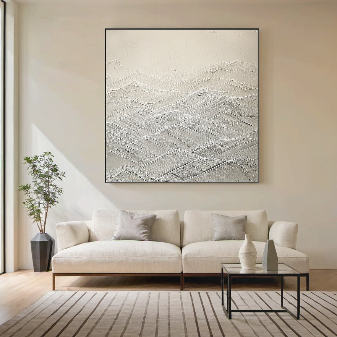 Mountain Ridge Relief Canvas – Cream & White Tones – AURA042(Horizontal)