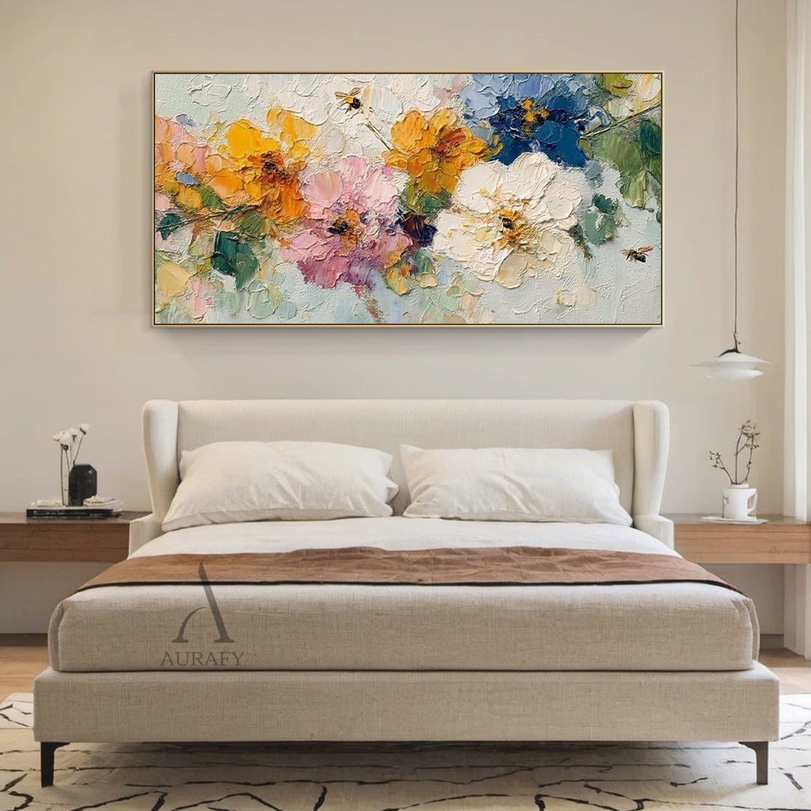 3D Impasto Textured Painting Colorful Floral Bouquet with Bees Tactile Surface Artwork AURA447