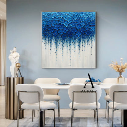3D Textured Impasto Painting Tactile High-Relief Blue Flower Motifs Drip Effect White Background AURA517