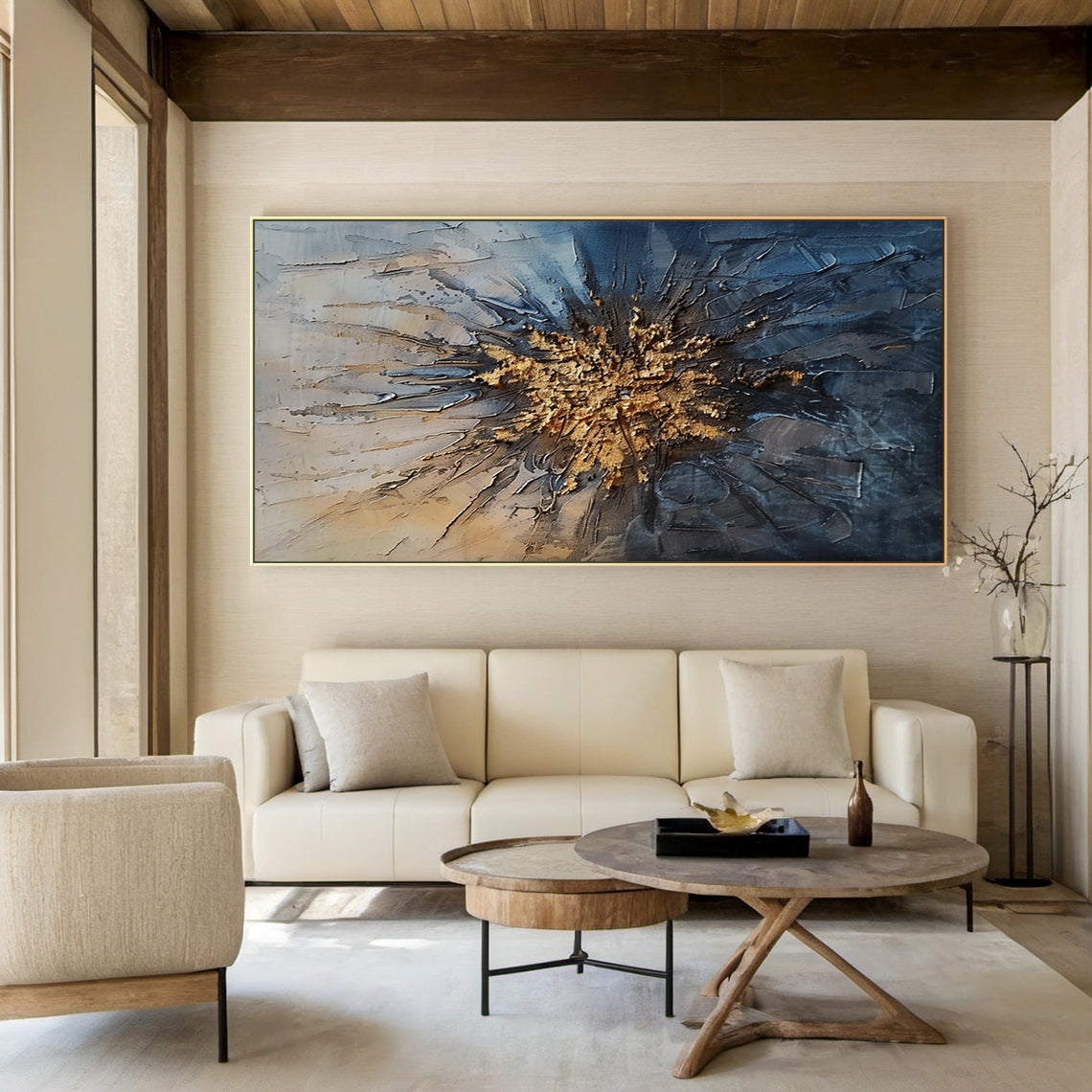 General Abstract Blue Yellow Textured Wall Art Living Room Decor AURA193