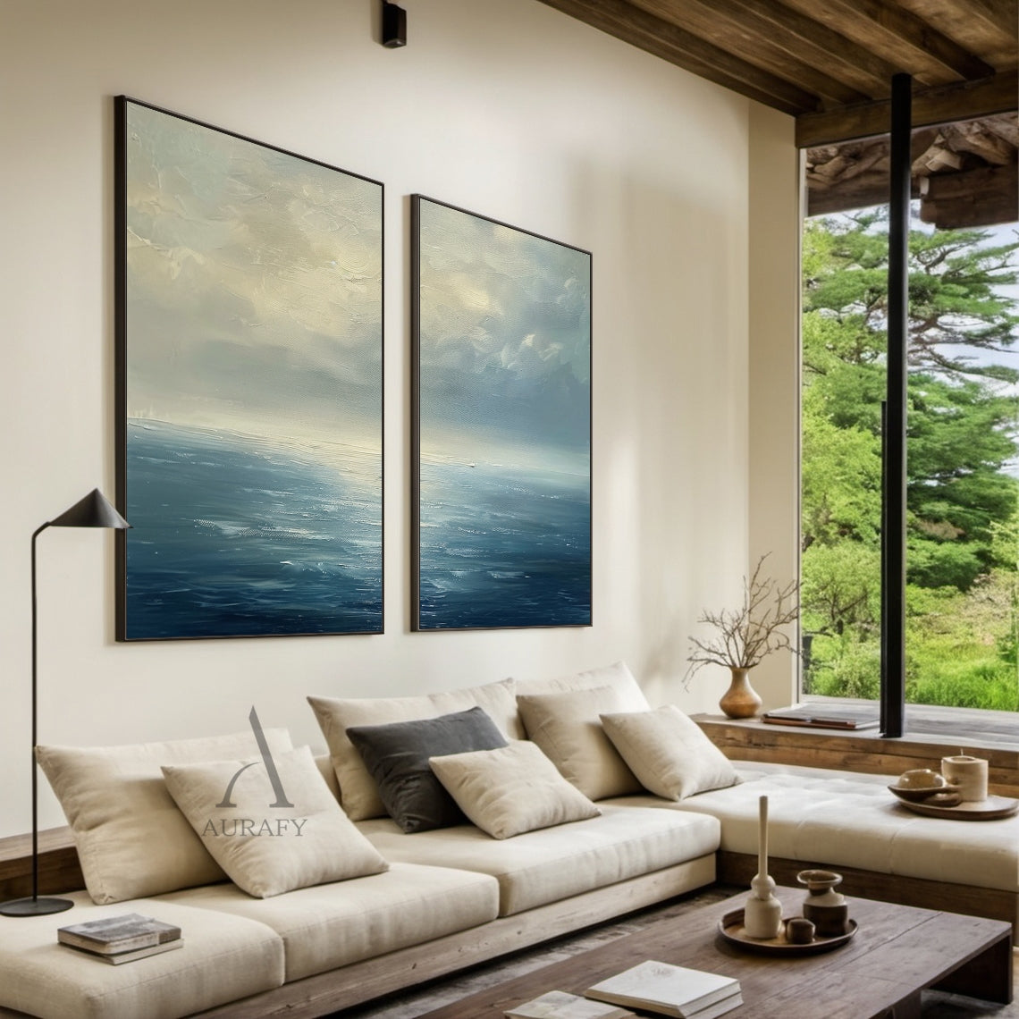 Blue Ocean Abstract Art Impasto Textured Modern Organic Wavy Line Sky Landscape AURA464