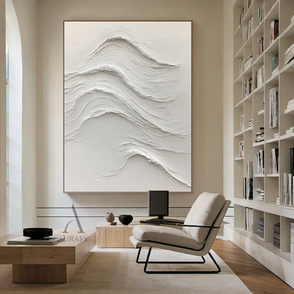 White Abstract Sea Wave Art Tactile Plaster Textured High-Relief Sculpted Minimalist Decor AURA444