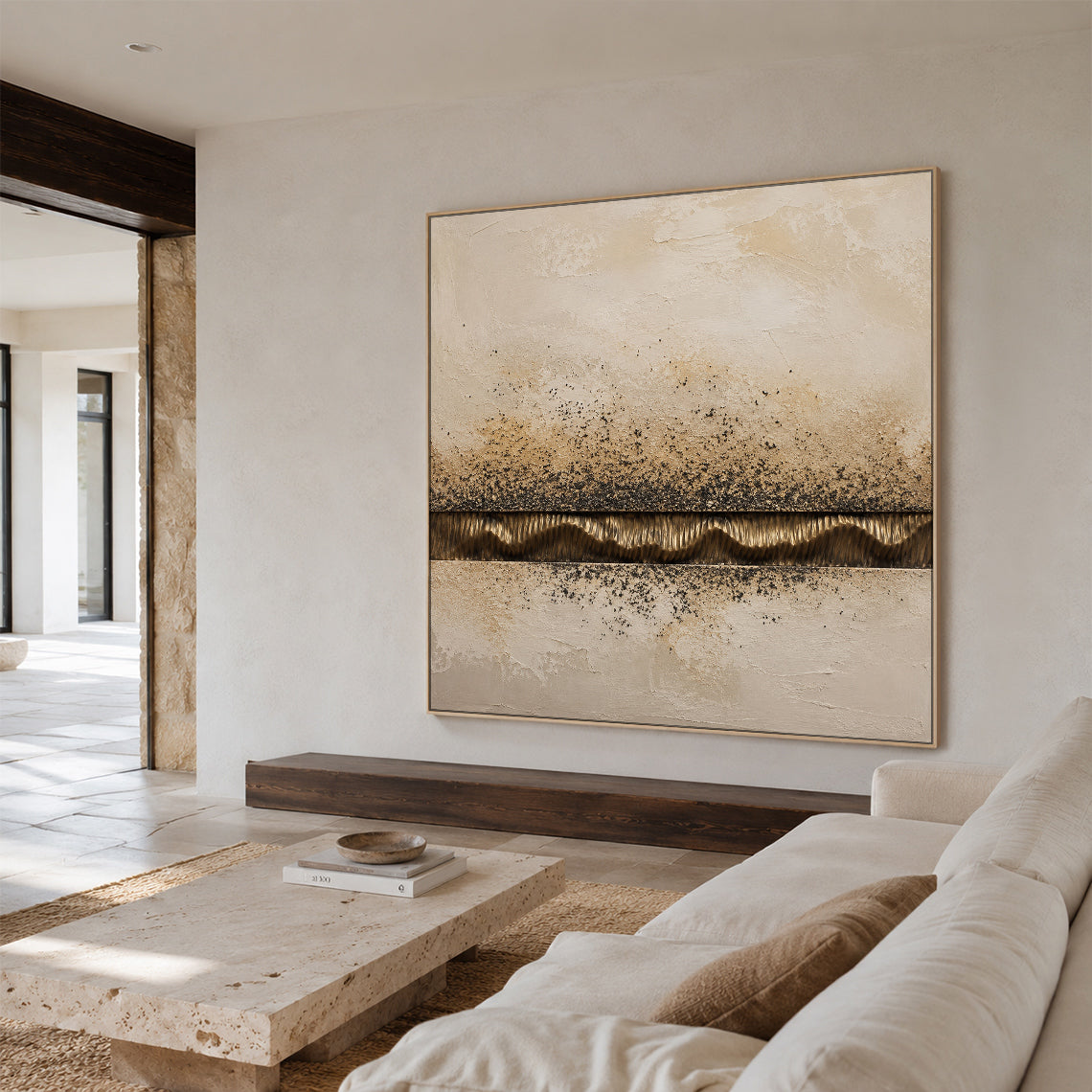 Wabi-Sabi Plaster Textured Painting Japandi Neutral Beige Brown Abstract Sculpted Canvas Gold Accent Tactile Wall Art AURA765