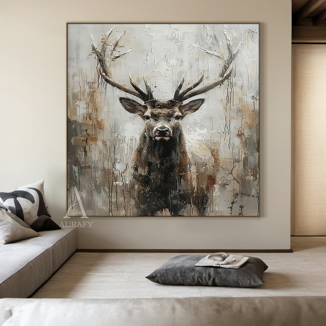 Large Textured Brown Stag Oil Painting Animal Wall Art for Living Room Canvas-AURA337