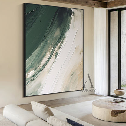 General Abstract White Modern Organic Art with Knife Strokes Thick Impasto Fluid Green Layers AURA489