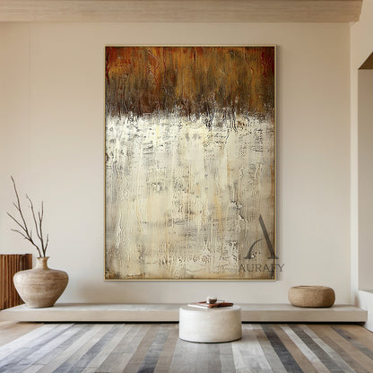 Beige Abstract Art with Tactile Plaster Texture Vertical Drips Weathered Patina Modern Organic AURA505