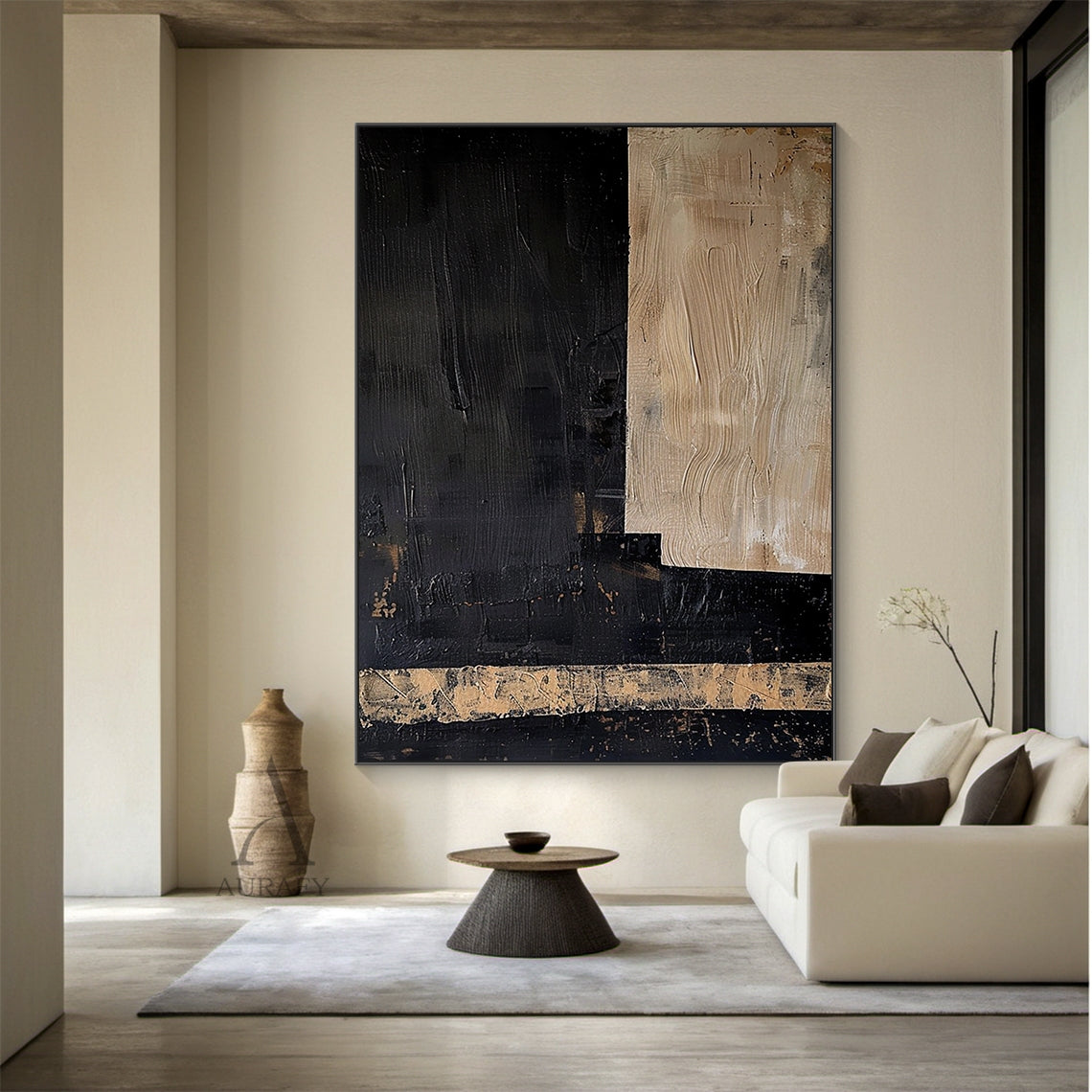 Black Abstract Wall Art with a Striated Beige Panel and Band - AURA843