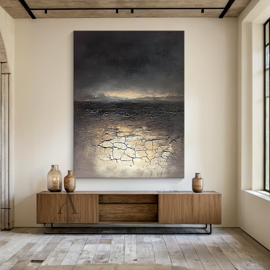 Black Abstract Painting with Beige Crackle and Warm Highlights - AURA824