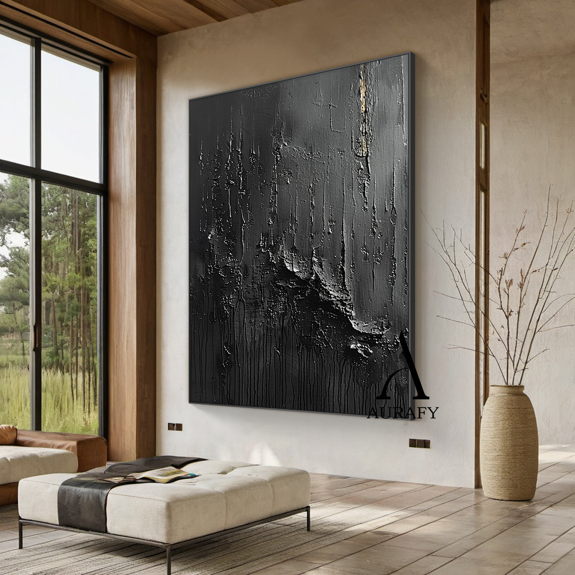 3D Textured Black Abstract Painting Tactile Surface Thick Paint Drips Scratch Marks AURA530