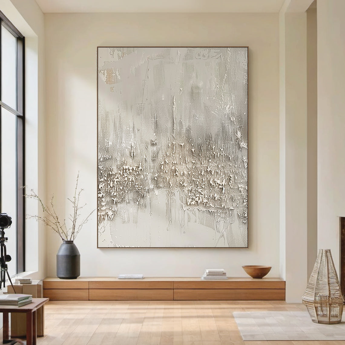 Distressed Drip Canvas – Soft Gray & Cream Tones – AURA024(Square)