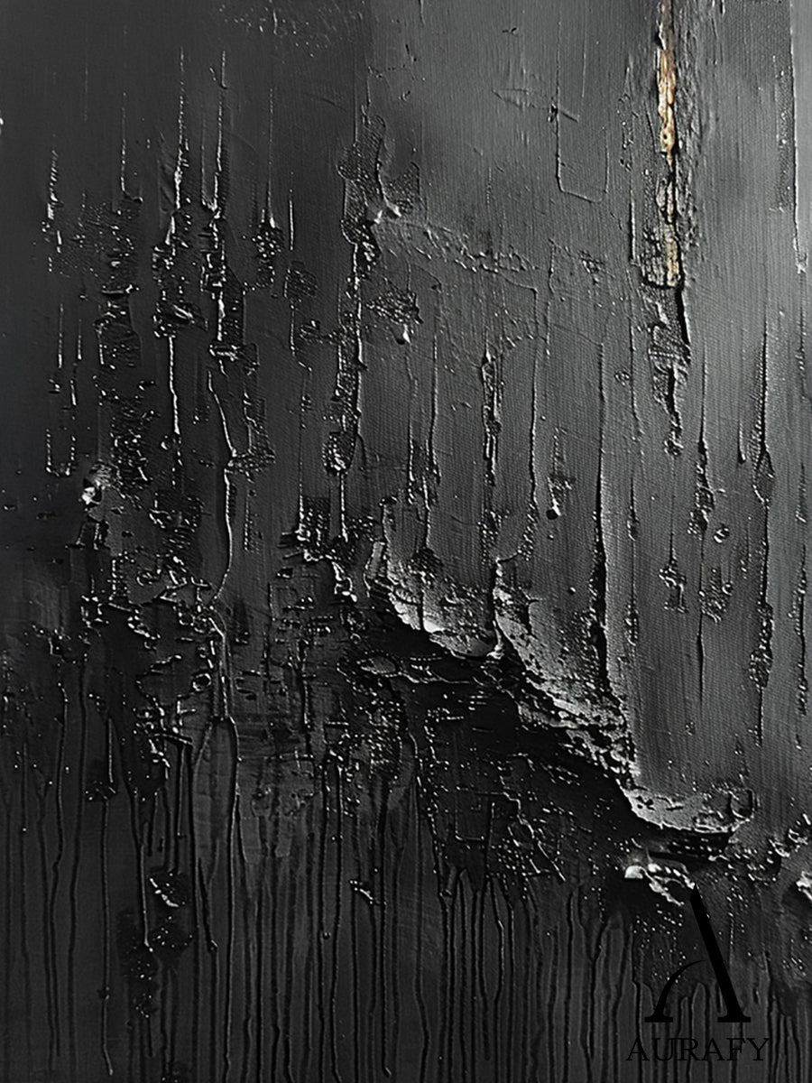 3D Textured Black Abstract Painting Tactile Surface Thick Paint Drips Scratch Marks AURA530