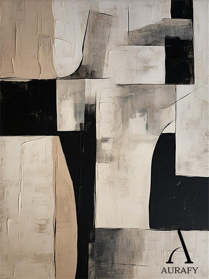 General Abstract Black Beige White Impasto Textured Tactile Surface Minimalist Luxe Artwork AURA484