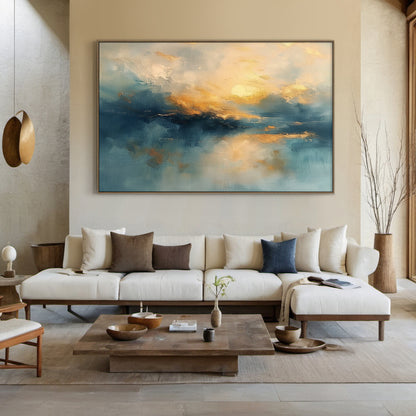 Blue Textured Landscape Art Knife Stroke Gold Sunset Canvas Japandi Minimalist Coastal Wall Artwork Decor AURA708