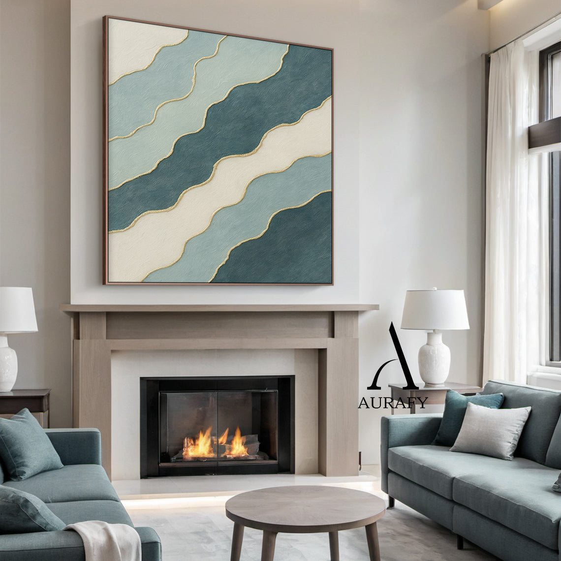 3D Textured Abstract Painting Blue White Green Gold Accent Tactile Minimalist Luxe AurafyArt AURA520