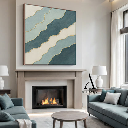 3D Textured Abstract Painting Blue White Green Gold Accent Tactile Minimalist Luxe AurafyArt AURA520