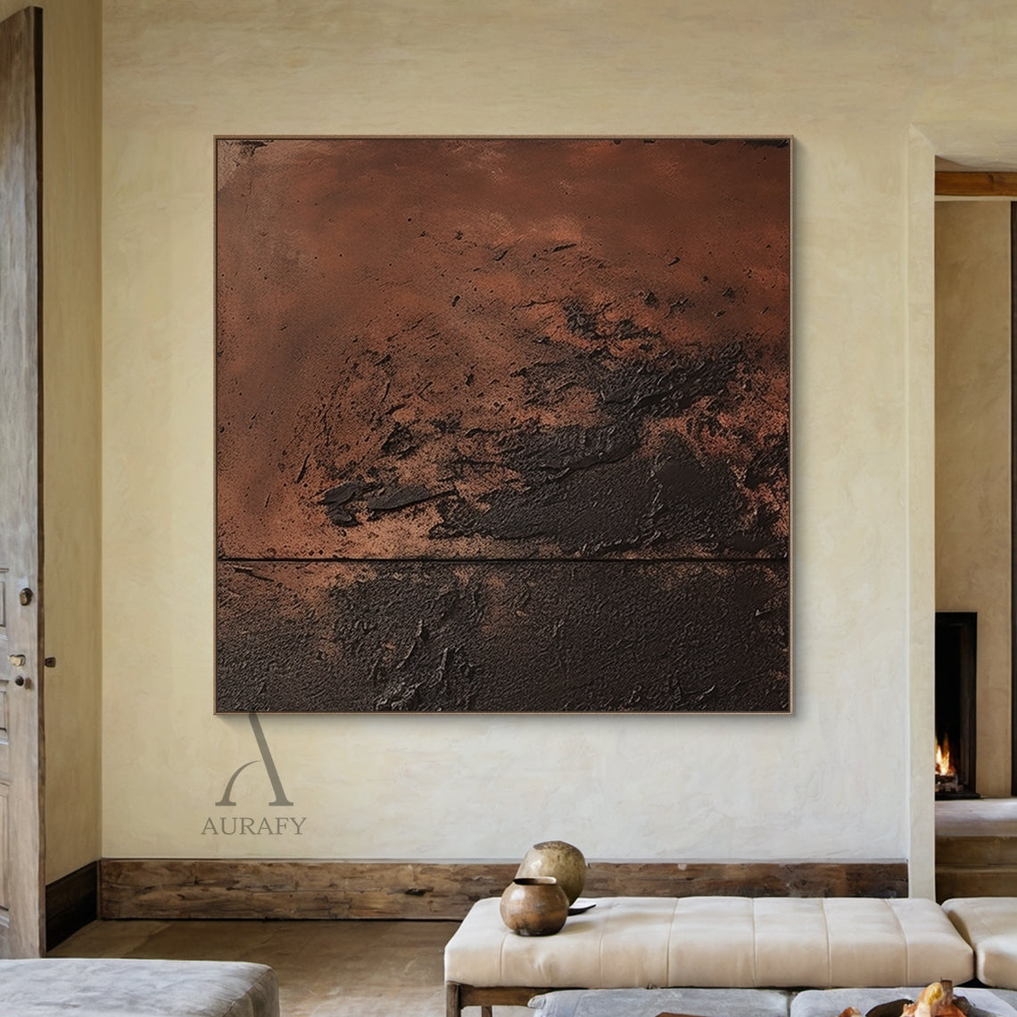 Red Brown Abstract Painting with a Sweeping Dark Textured Mass - AURA846