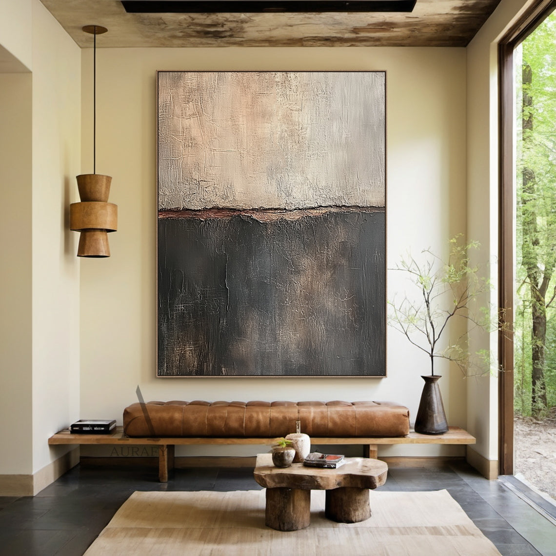 Beige and Black Split-Field Abstract Painting with an Earthy Seam - AURA828