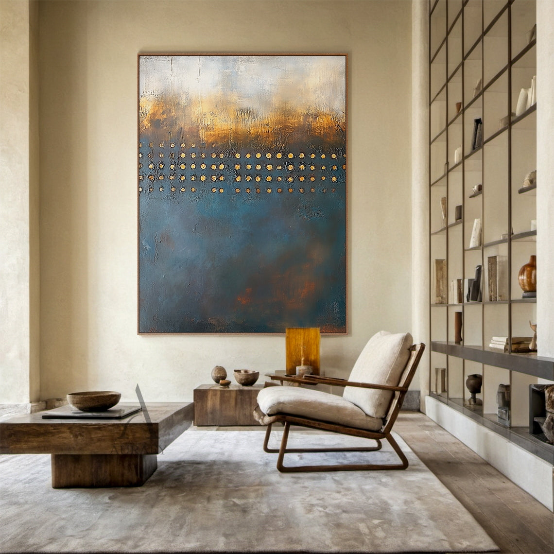 Blue and Beige Abstract Wall Art with a Golden Dot Grid - AURA851