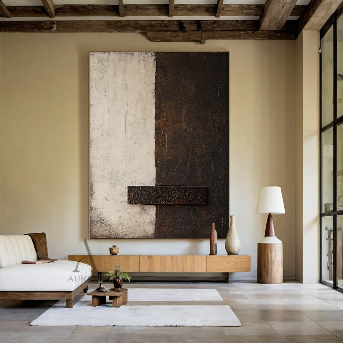 Beige and Brown Minimalist Painting with a Coarse Crossbar - AURA842
